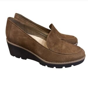 Vionic Women's Size 7.5 Ava Wedge Heel Tan Brown Suede Loafer Chunky Career